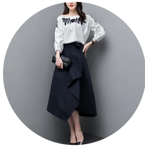 

Mr.nut 2019 spring new Korean chiffon shoulder white blouse + fashion irregular skirt suit fashion two-piece