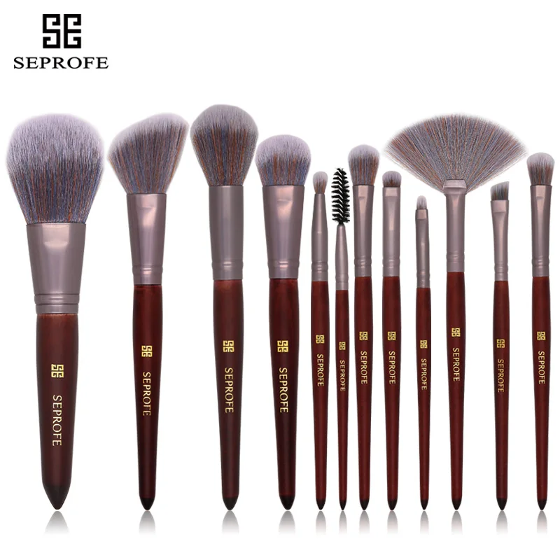 

SEPROFE Makeup Brushes Set Powder Foundation Eyeshadow Make Up Brushes Cosmetics Soft Synthetic Hair Brown wooden handle brushes