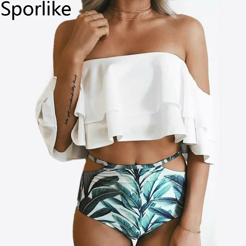 

High Waist Swimsuit 2019 Sexy Bikinis Women Swimwear Ruffle Vintage Bandeau Striped Bottom Bikini Set Bathing Suits