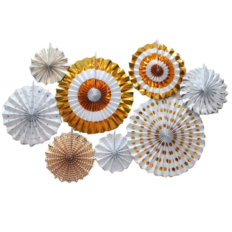 8pcs Paper Fans Set Party Rosettes Coral Fans Gold 18th Birthday Decor Wedding Engagement Party Decorations Background wall