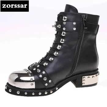 

{Zorssar} 2018 Spring autumn Ladies Shoes High heel ankle boots women Motorcycle boots Fashion rivet Punk boots Botas Size 43