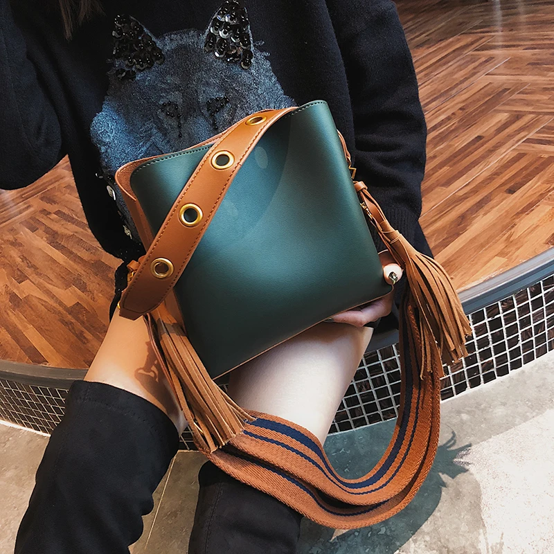 Janespri Women Tassel Handbag Tote High Quality Women Shoulder Bag Luxury Brand Soft Leather Bucket Bag Fashion Women's Handbag (45)