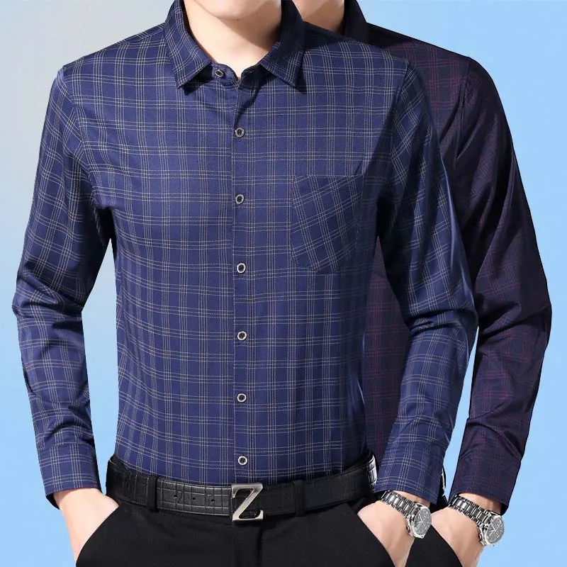 

wholesale 2019 long sleeve shirt new brand male shirt blue plaid mens dress shirts casual slim fit shirts business streetwear