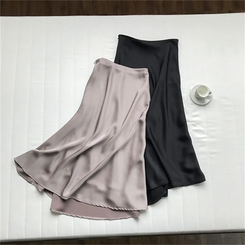 Vintage Summer Satin Skirt 2019 Long High Waist Midi Skirt For Women's A-Line Elegant Autumn Woman Fishtail Skirts Y0320 (4)