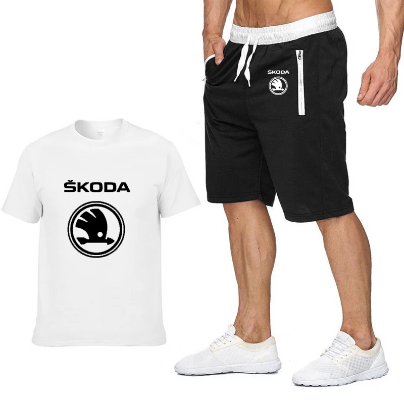 Tanie Męskie z krótkim rękawem Skoda logo na samochód lato mężczyzna t koszula HipHop koszulka harajuku bawełna wysokiej jakości koszulki spodenki garnitur odzież sportowa