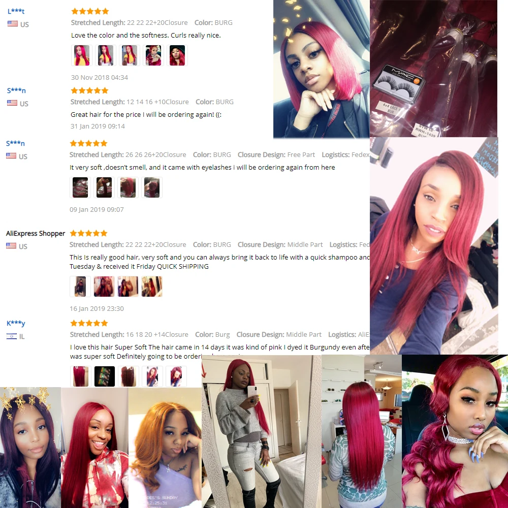 Feixes de Cabelo com Fechamento Brasileiro em Linha Pacotes com Fechamento Borgonha Reta Tecer Cabelo Humano 4x4 Não Remy 8-26 Polegada Kemy 99j - 11 Pacotes com 34 com fecho
