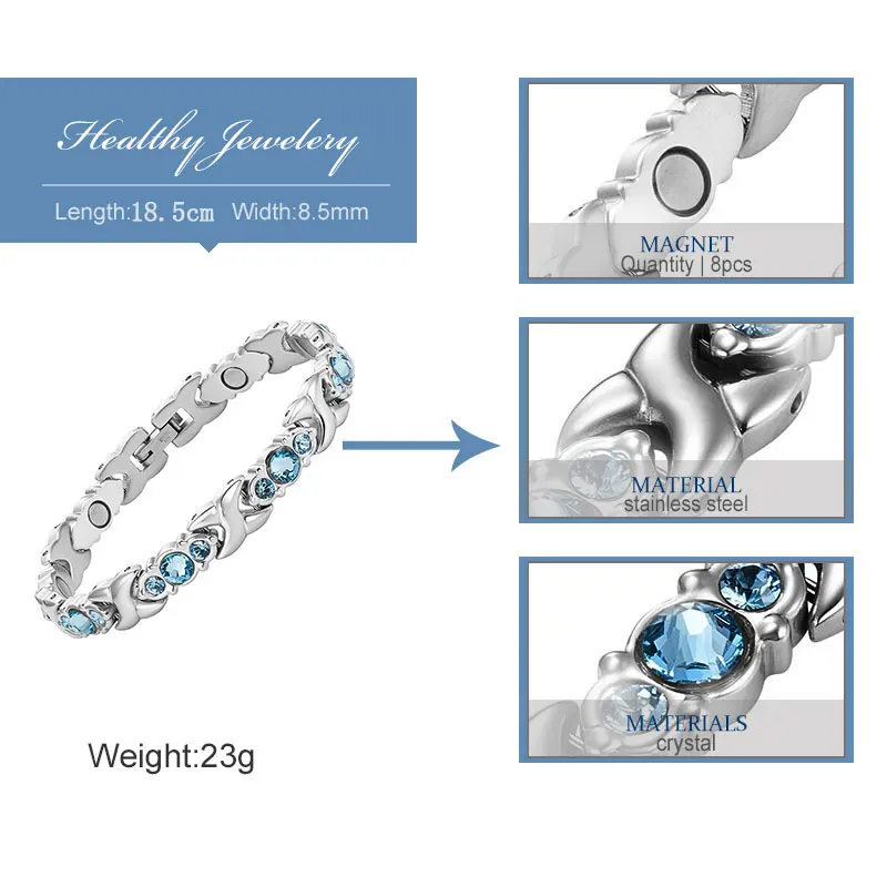 Escalus 24 шт. синие кристаллы магнитный браслет для женщин Серебряный цвет нержавеющая сталь звено цепи новые браслеты ювелирные изделия подарок