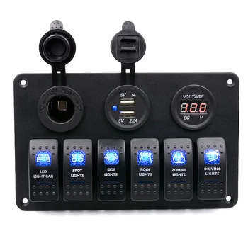 

BORUiT Switch Panel 5V Dual USB Car Charger 12V Voltmeter 6 Gang Auto Boat Marine Cigarette Lighter Blue Led Rocker Switch Panel
