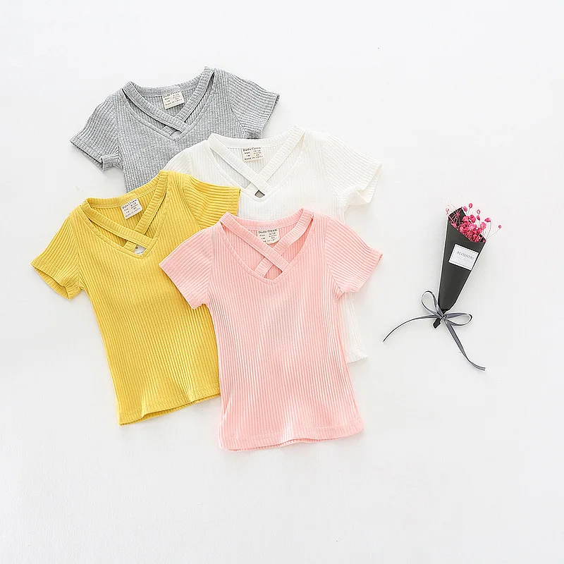 

Baby Kids Girls Short Sleeve Cotton T-Shirt Solid Color Hollow V-Neck Tops Children's Clothing New