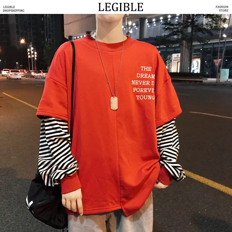 

LEGIBLE Men Fake Two Pieces Hoodie Mens Letter Print Sweatshirts Pollover Male Oversized Hiphop Casual Striped Hoodies