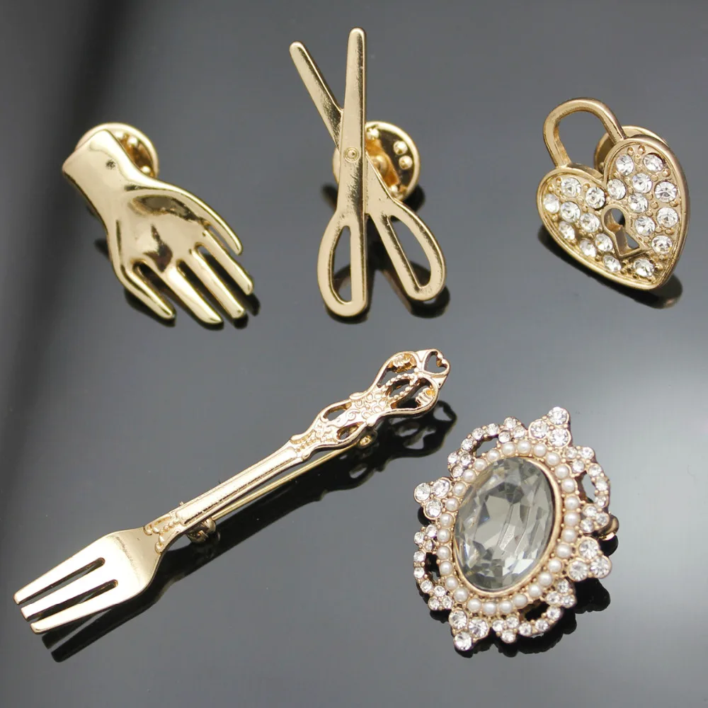 5Pcs Art Nouveau Scissors Fork Heart Palm Gemstone Gold Lapel Brooch Pin Badge 