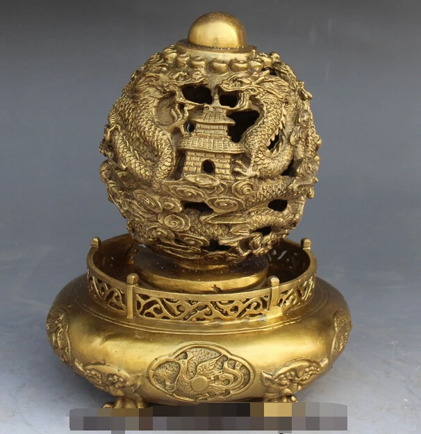 

free 9" Lucky China FengShui Bronze Brass 9 Dragon Phoenix Kylin Statue Rotating Ball fast