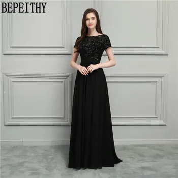 

BEPEITHY Vestido De Festa Longo Scoop Short Sleeve Black Sequins Chiffon Long Mother Of Bride Dresses Prom Dress 2019