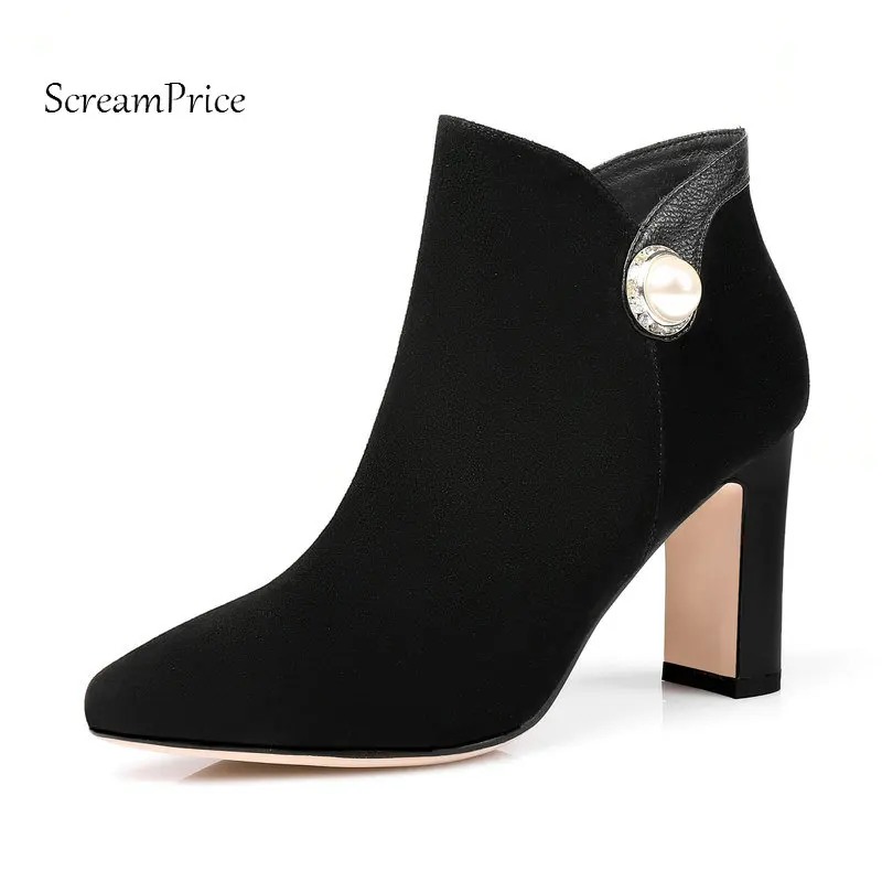 

The New Suede Square High Heel Side Zipper Woman Ankle Boots Fashion Pointed Toe Dress Ladies Boots Black Army Green
