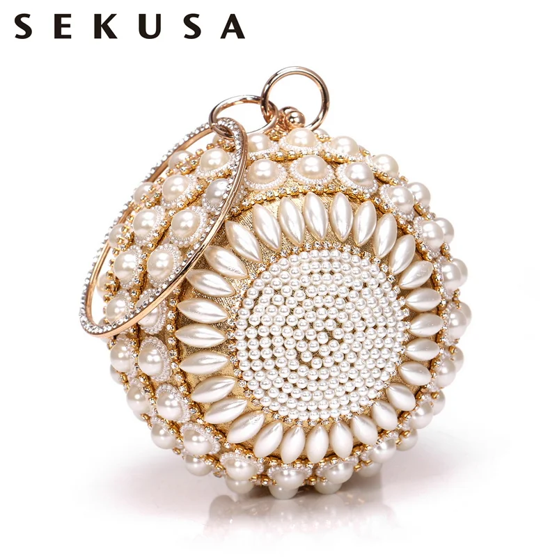 

SEKUSA Beaded Diamonds Women Day Clutches Rhnestones Pearl Evening Bag Circular Shaped Chain Shoulder Handbags For Party Purse