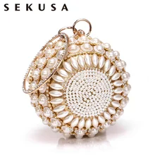 SEKUSA Beaded Diamonds Women Day Clutches Rhnestones Pearl Evening Bag Circular Shaped Chain Shoulder Handbags For Party Purse