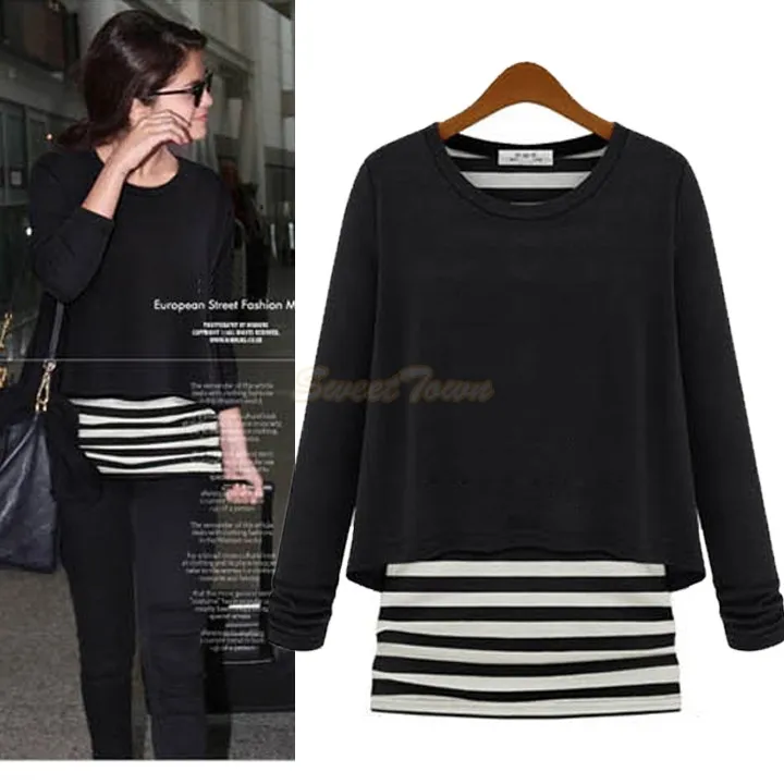 Celeb Style Long Sleeve Striped Cotton Tops False Two Piece T-Shirts Casual Tee 35 | Женская одежда