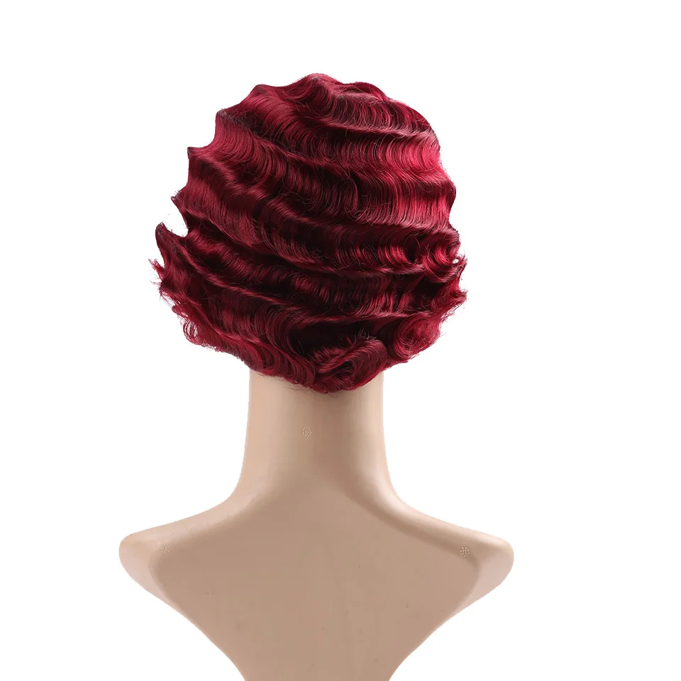 AOSI Короткие вьющиеся парики для афроамериканских женщин черный блонд розовый фиолетовый пальчиковые волны Косплей парик синтетические волосы термостойкие - Цвет: Красный