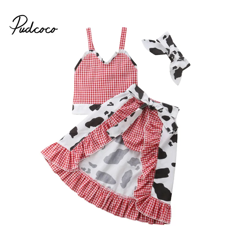 

4pcs Kids Girl Plaid Summer Clothes Baby Strap Top Skirt Tail Shorts Cute Outfits Children Clothing Set Headband 1-5T