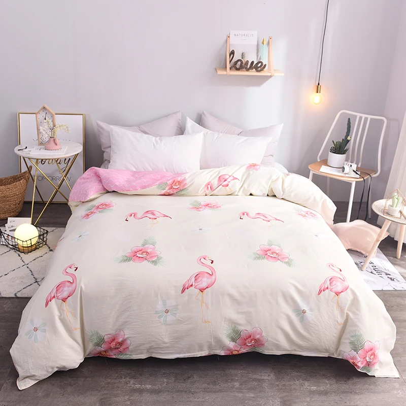 

Modern Style White + Pink Flamingo Pattern Bedding Duvet Cover 1Pc Quilt Cover Skin Care Cotton Soft Bedclothes 160x210cm Size