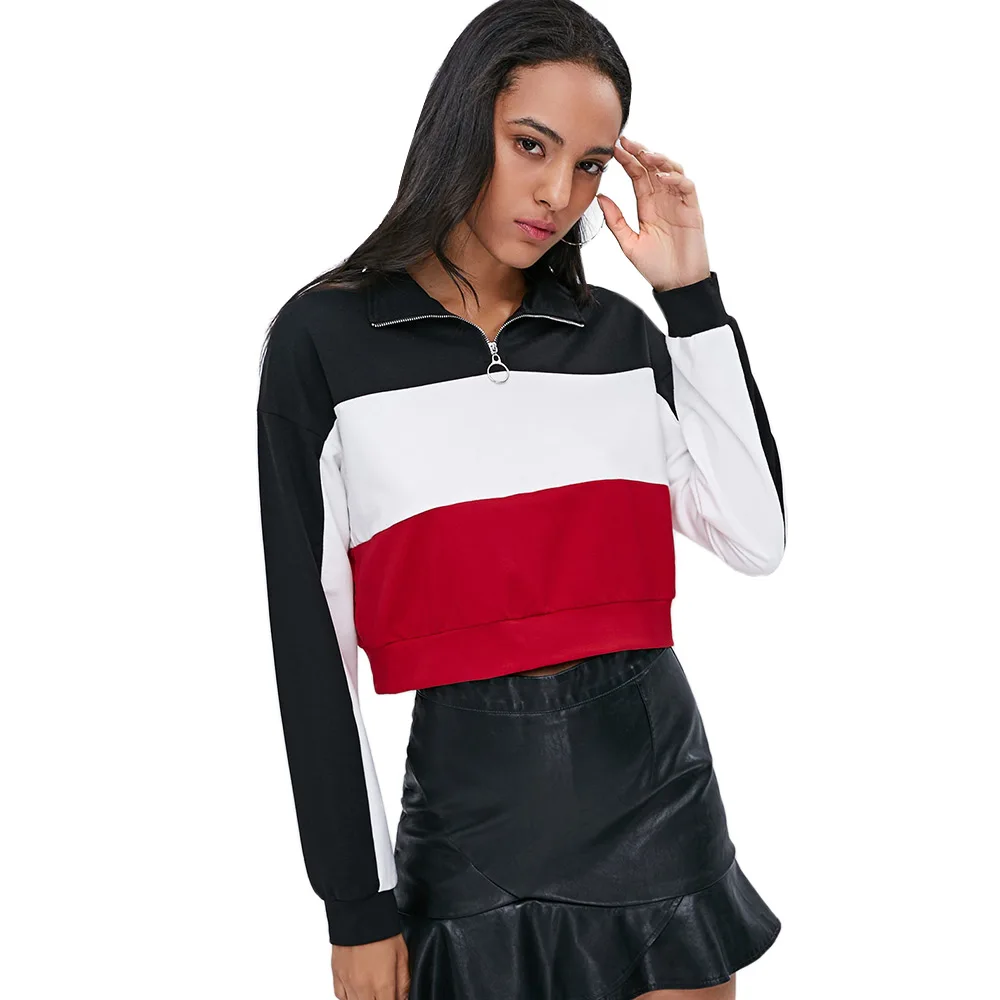 

ZAFUL Fashion Casual Crop Top Sweatshirts Drop Shoulder Sweatshirt Half Zip Long Sleeve Color Block Crop Sweatshirt Women