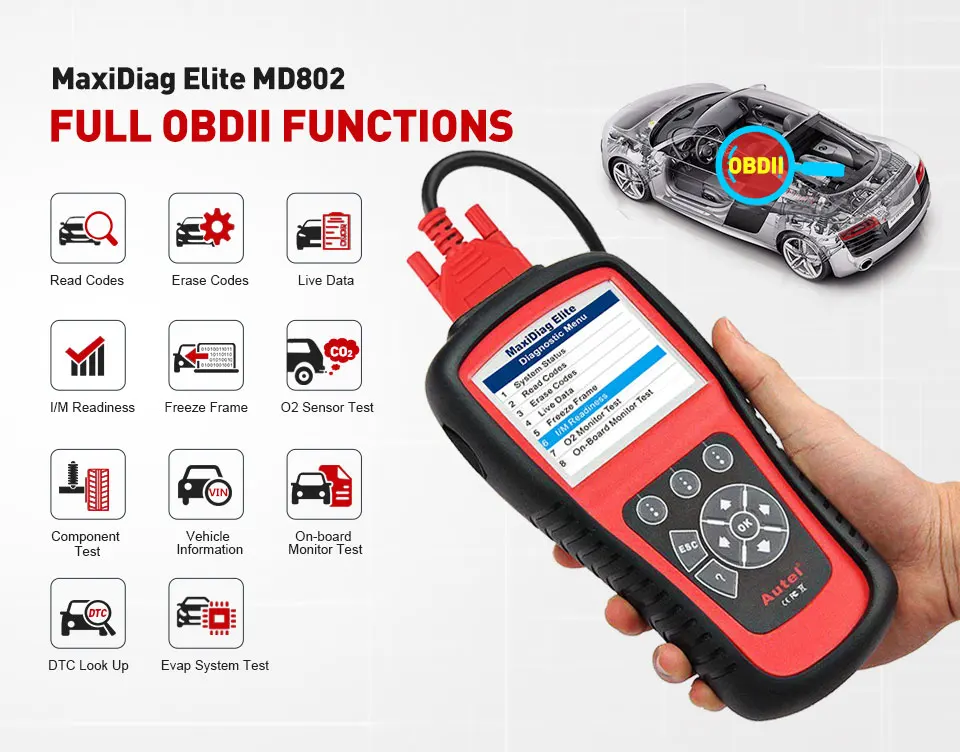 AUTEL MaxiDiag Elite MD802 вся система DS Модель автомобиля OBD2 сканер полная система диагностики ABS SRS передача двигателя EPB сброс масла