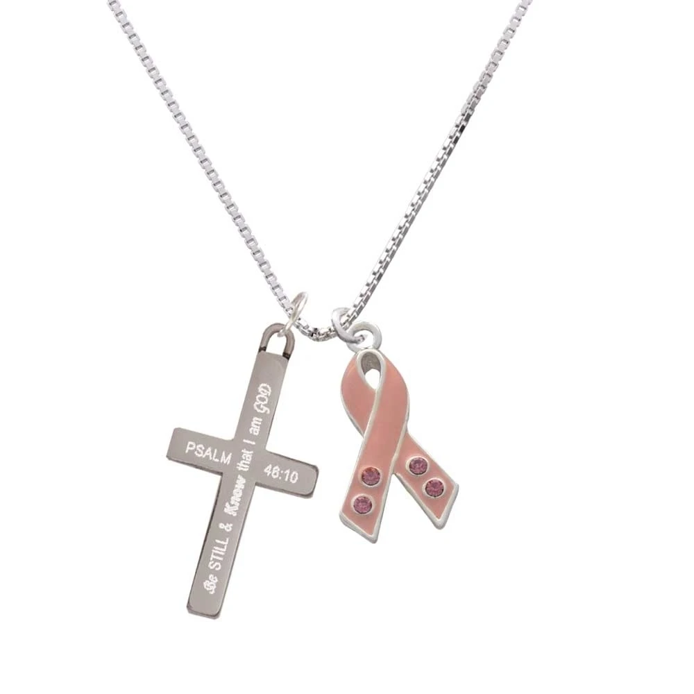 Large Pink Ribbon with Crystals - Be Still and Know - Cross Necklace