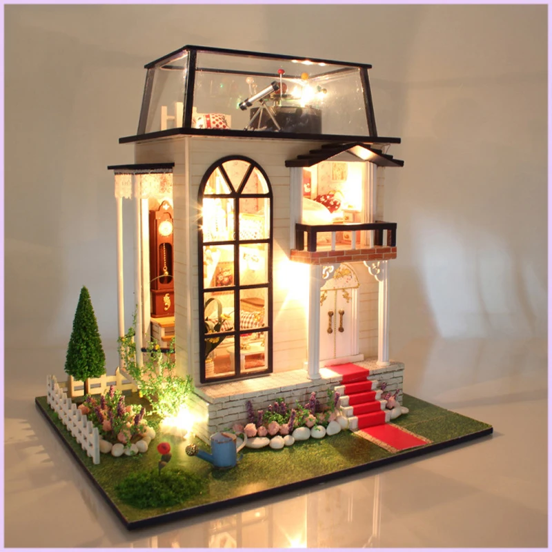 

DIY DollHouse Miniature With Furnitures LED Light Wooden Doll House Model Toys Creative Gift The Prince's Rose 13837 #D