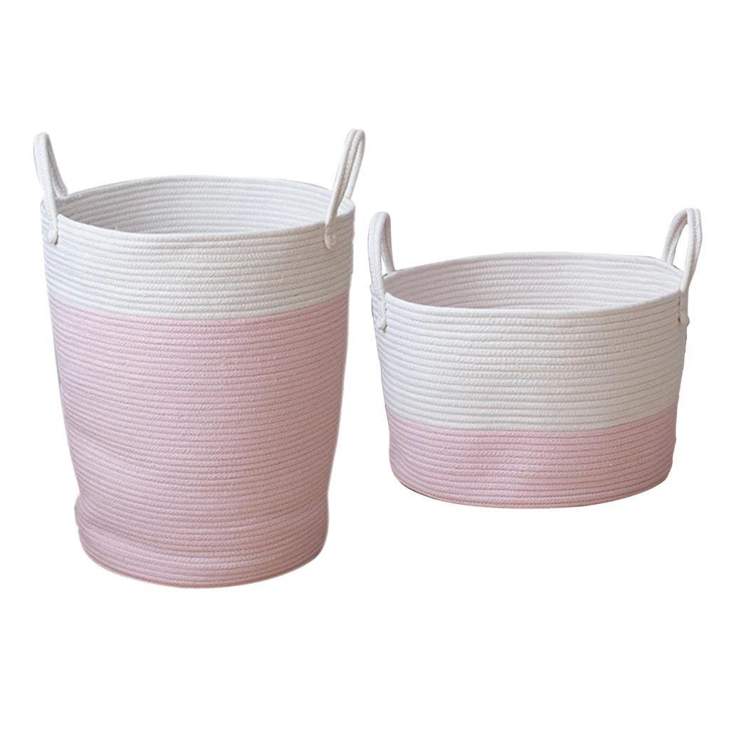 2x Cotton Weaving Storage Basket Rattan Storage Box For Cosmetics Basket Organizer Sundries Laundry Toys Storage Basket Pink