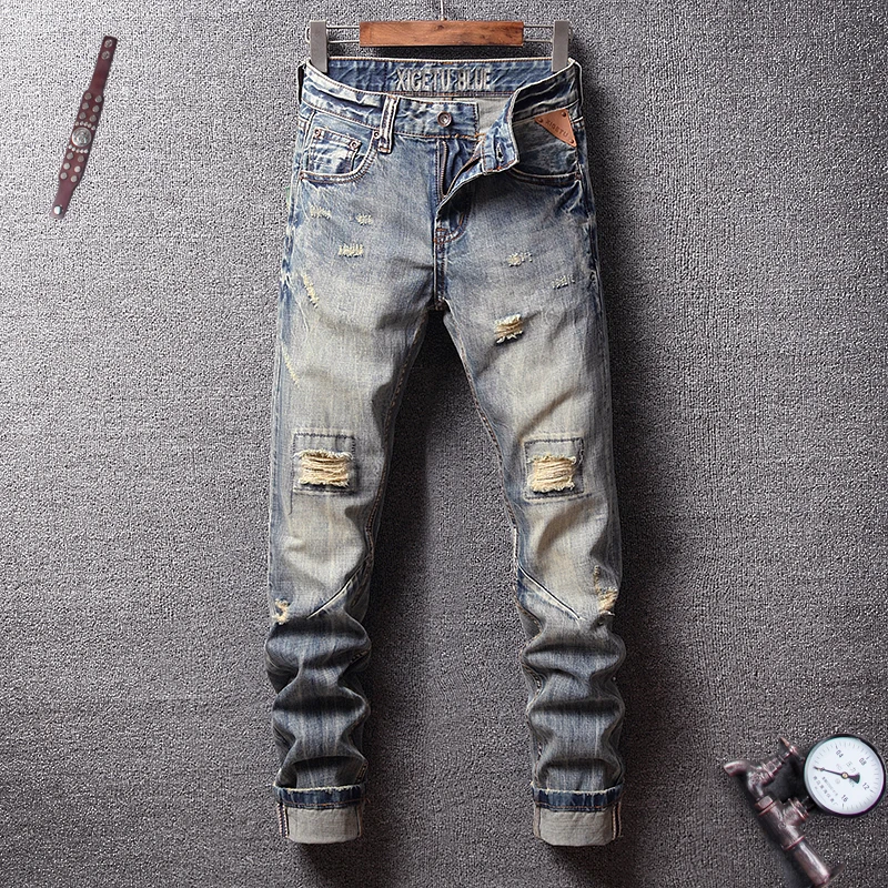 

Italian Vintage Style Fashion Men Jeans Slim Fit Retro Destroyed Ripped Jeans Men Denim Hip Hop Pants Motor Biker Jeans Homme