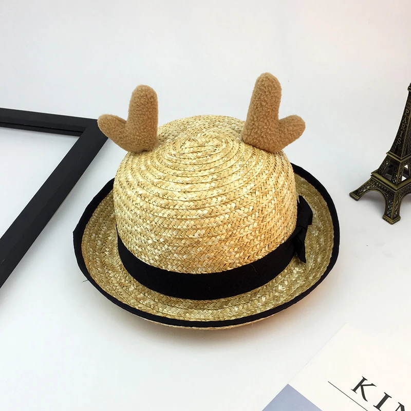 

2019 summer new beach sun hat women's animal antlers cute straw hat holiday sunscreen parent-child hat women's Fedoras