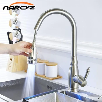 

LED Kitchen Faucets Nickel Single Handle Pull Out Kitchen Tap Single Hole Handle Swivel 360 Degree Water Tap Mixer Tap XT-184