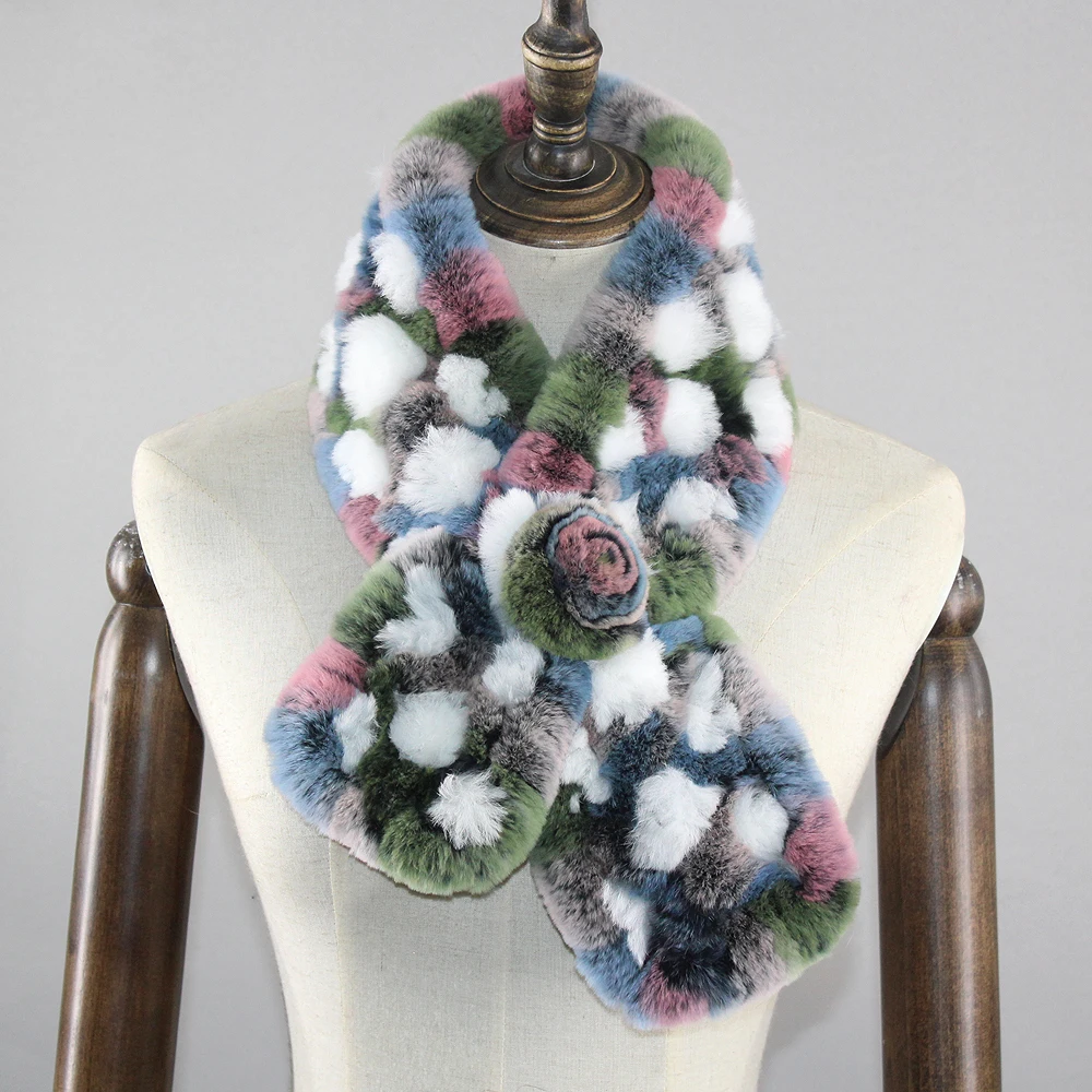 

Winter women scarf warm real rex rabbit fur scarves fashion lady fur muffler knitted handmade flower romantic brand hot sale