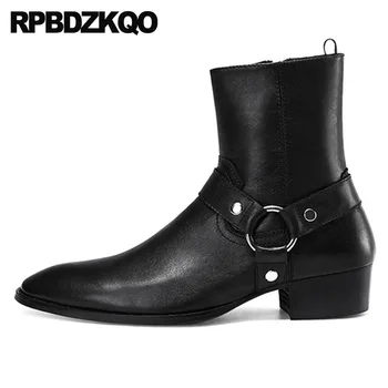 

metalic black chunky luxury vintage motorcycle boots ankle zipper embellished harness pointed toe riding shoes men full grain