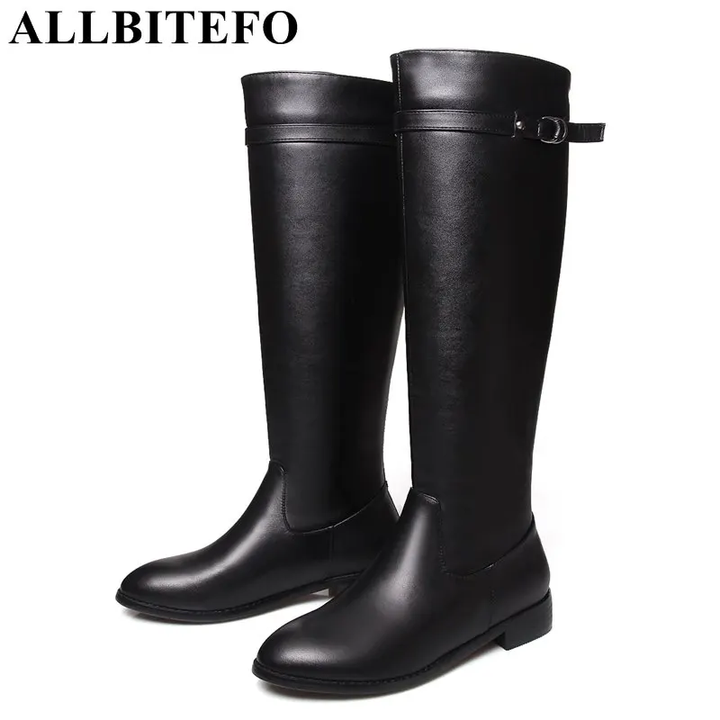

ALLBITEFO large size:33-41 genuine leather low-heeled women boots brand buckle thick heel women knee high boots winter boots