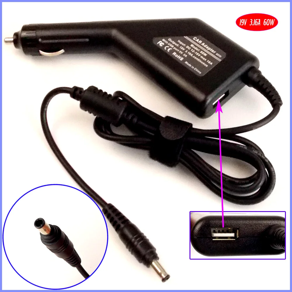 

19V 3.16A 60W Laptop Car DC Adapter Charger + USB(5V 2A) for Samsung NP-Q1 Ultra Q1U 820 Pro 680 NT-Q318 NT-R465
