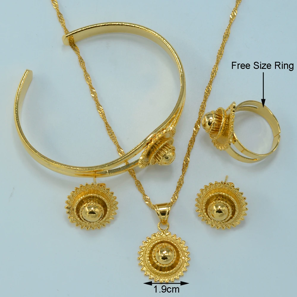 Эфиопское Золото Цвет невесты Свадебный комплект ювелирных изделий в Африканском эритрейском стиле Habesha кулон ожерелье браслет комплекты серьги и кольцо# J0744