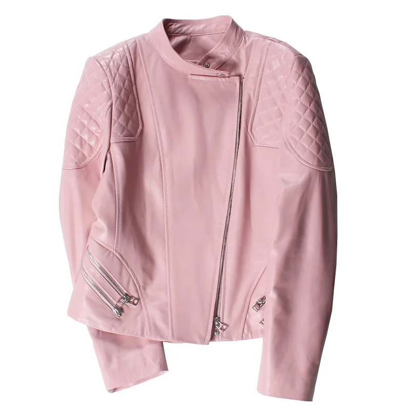 Autumn Genuine Leather Jacket Women Sheepskin Coat Plus Size Black Pink Red Short Ladies Coat Cropped Punk Female Bomber Jacket