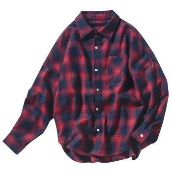 

Loose Fashion Korean Men Shirt Plaid Youth Long Sleeve Casual Shirts Black Couple Male Casual Vintage Japanese Student Shirts