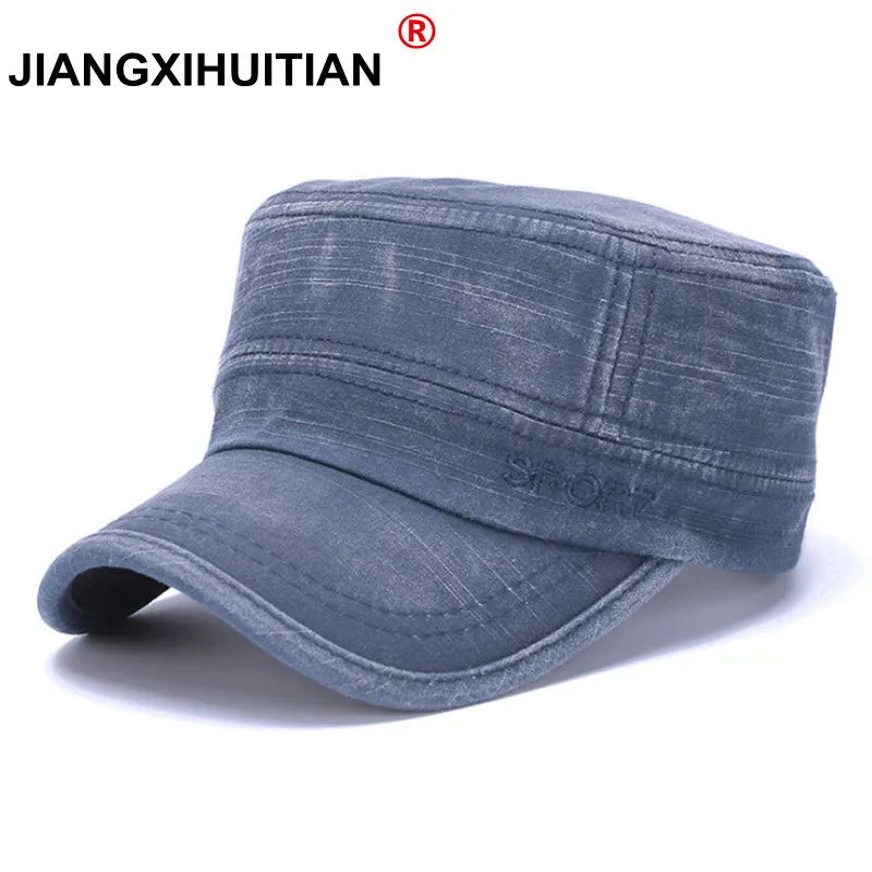 

2018 Classic Vintage Flat Top Mens Washed Caps And Hat Adjustable Fitted Thicker Cap Winter Warm Military Hats For Men