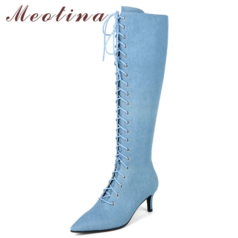 

Meotina Women Knee High Boots Winter Denim Lace Up Stiletto High Heels Long Boots Zip Pointed Toe Shoes Ladies Autumn Size 34-40