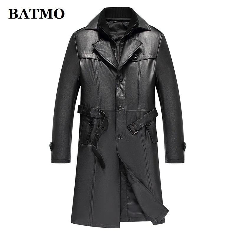 

BATMO 2019 new arrival spring 100% natural cow leather Double Breasted X-long trench coat men,men's real leather jackets AL15