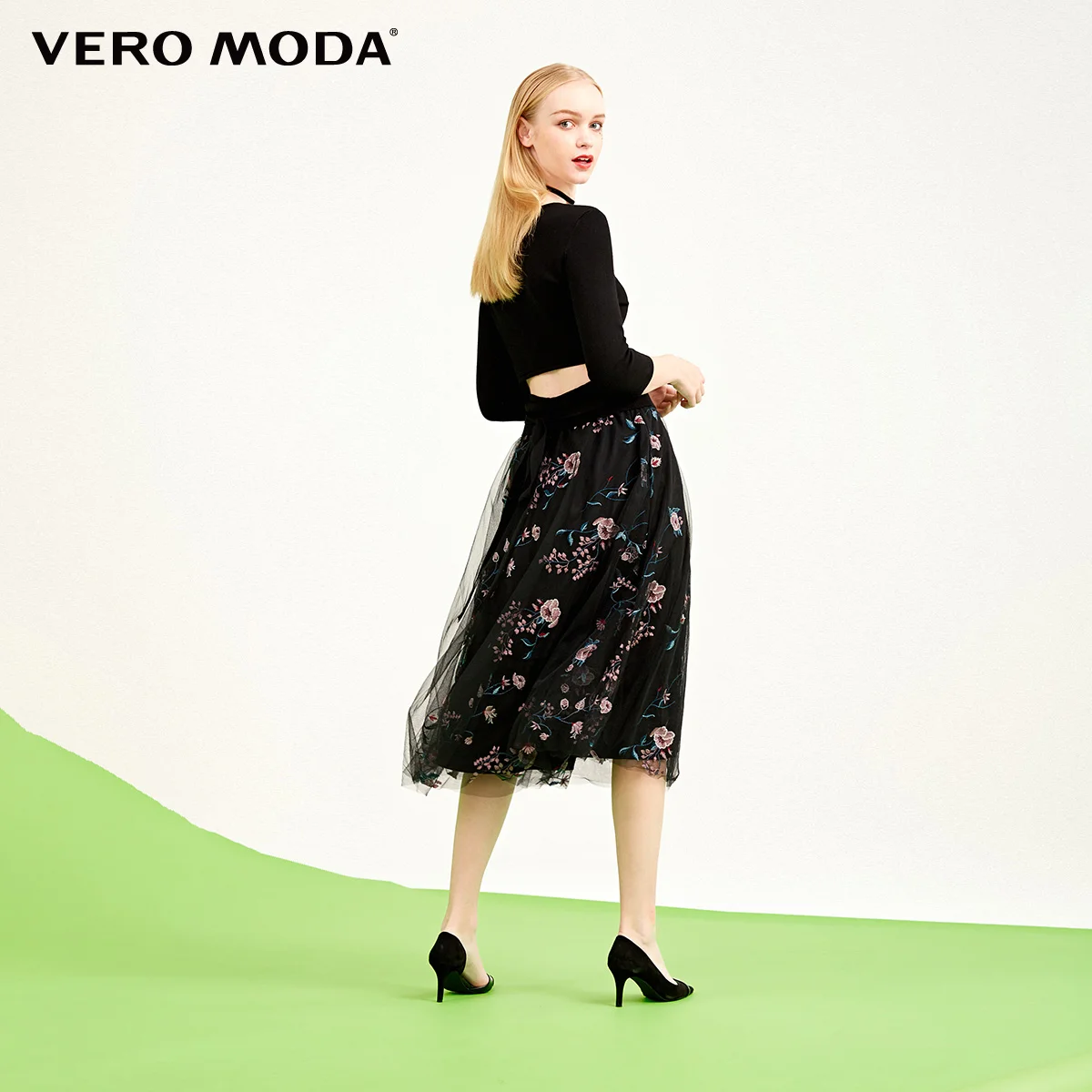 Vero Moda 2019 лето новый стиль с сеткой Марля Вышивка ТРАПЕЦИЕВИДНОЕ ПЛАТЬЕ три