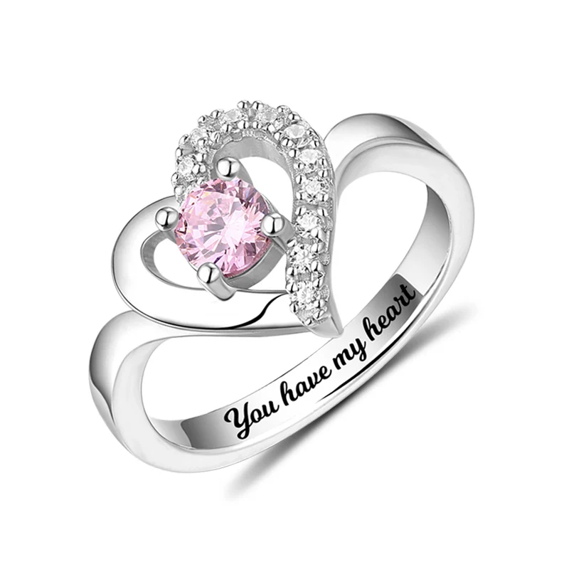 

AILIN Personalized Classic White Gold Color MOM Heart Shaped Word Engraved Ring Mom Birthstone Ring Mother's Day Gift Size 6-12