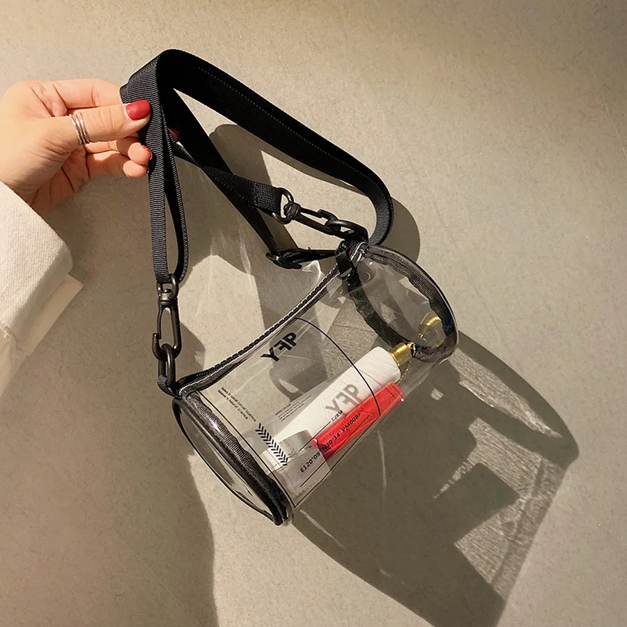 

Transparent PVC Printed Letters Cylinder Shoulder Bag Women Clear Jelly Beach Bags For Women Candy Messenger Crossbody Bag Girls