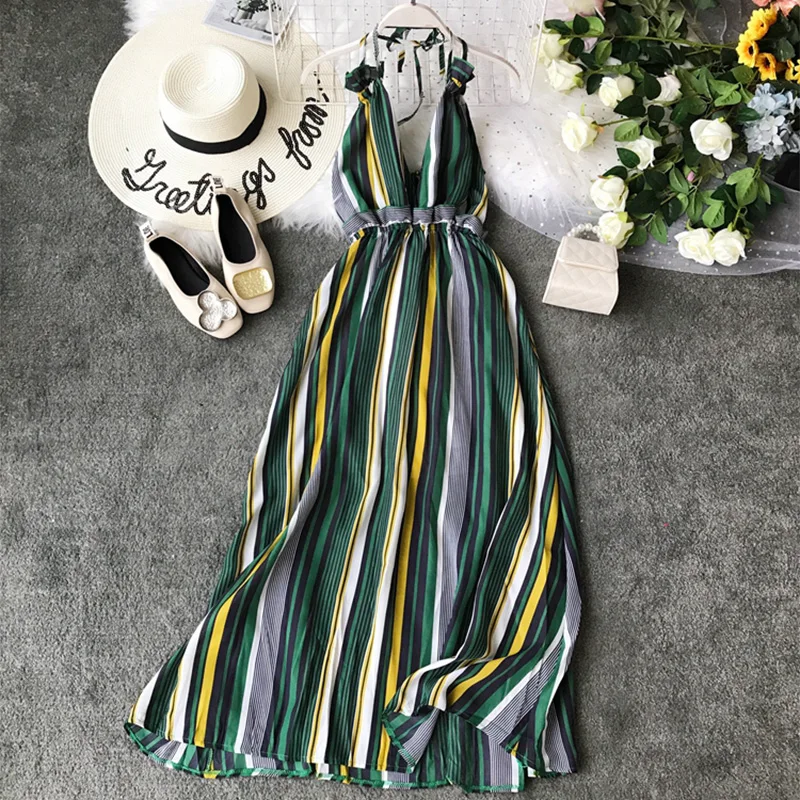 

Women Summer Dress 2019 Frill Elastic High Wiast Contrast Striped Dress Sexy Halter V Neck Backless Midi Beach Dress Sundress