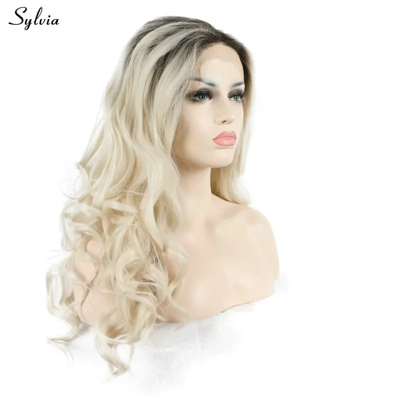 Sylvia белый блондинка Ombre синтетические волосы длинные Надувной вьющиеся синтетический Frontal шнурка волос Искусственные парики для вечерние и
