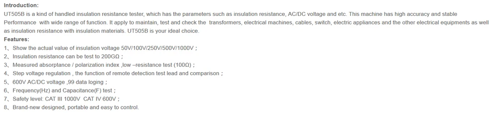 UNI-T UT505B портативный тестер сопротивления изоляции с алюминиевой крышкой, 50В/100 V/250 V/500 V/1000 V