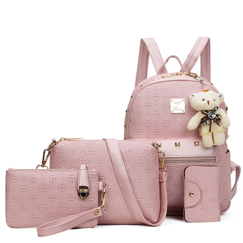 

Women Bags Composite Bag Leather Backpack Women Cute Bear 4 Sets Rivets Handags And Purse School Backpacks For Teenage Girls