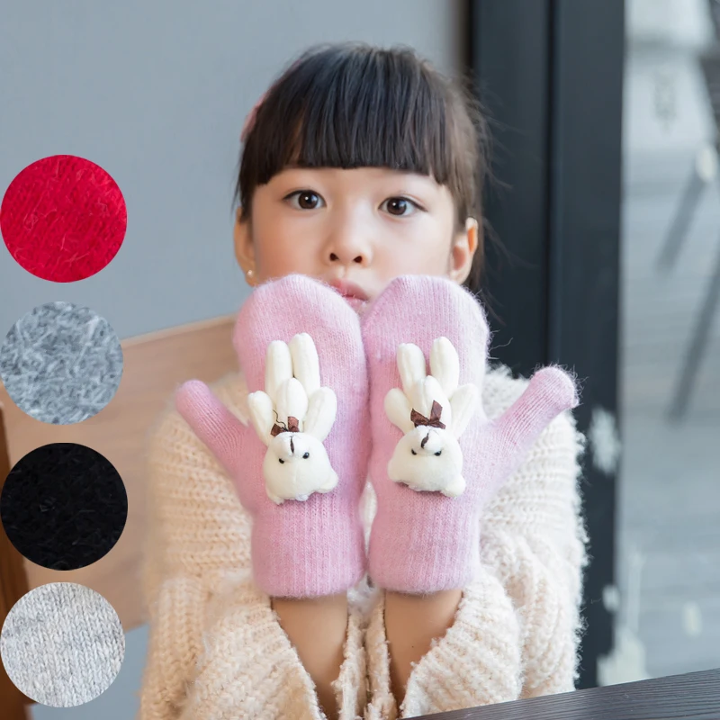 Милые теплые зимние шерстяные варежки с рисунком медведя для детей от 4 до 12 лет вязаные плотные бархатные перчатки для девочек, подарок для детей, мягкие перчатки A24